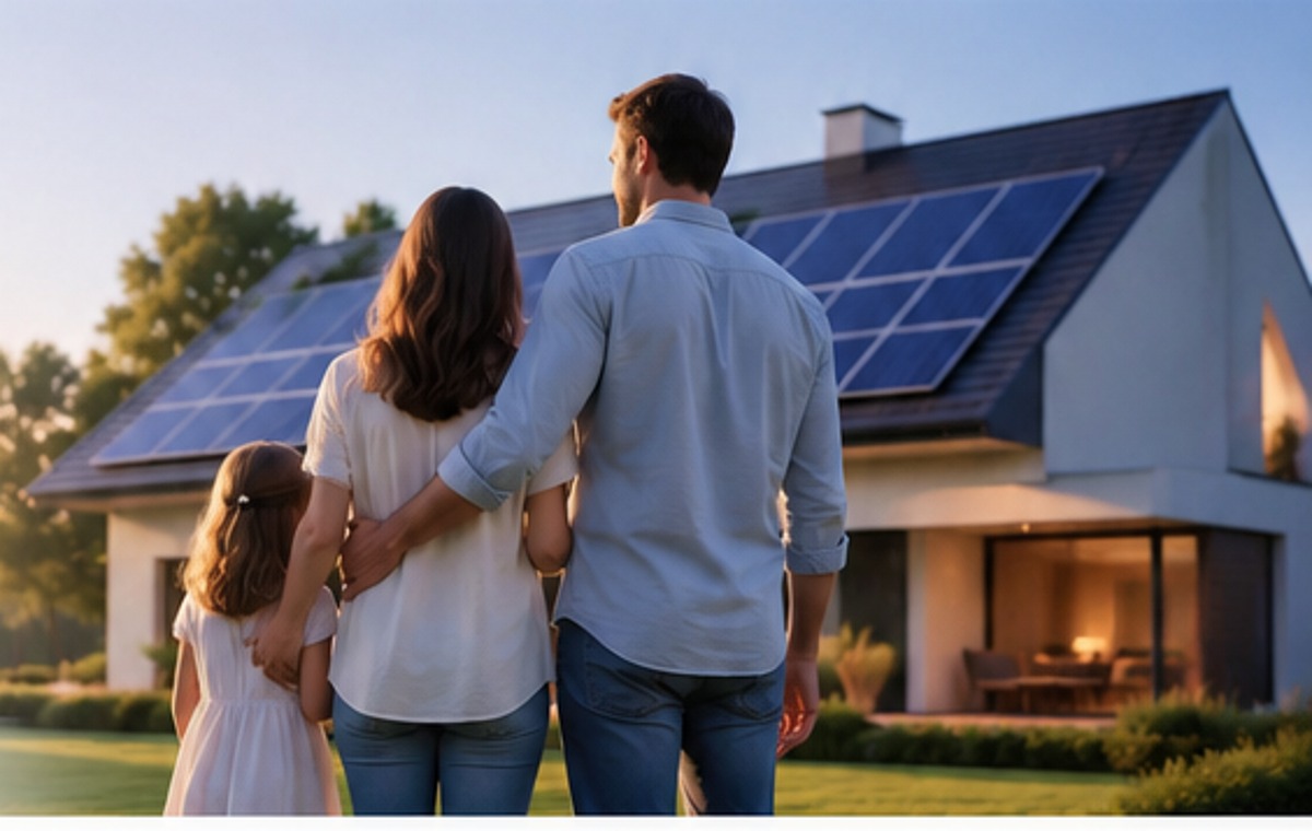Famiglia davanti a casa con pannelli fotovoltaici